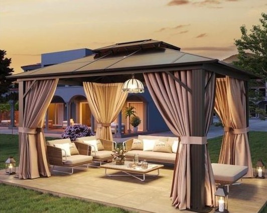 Hardtop gazebo with curtains and patio furniture